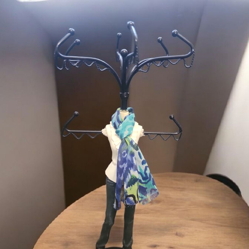 Elegant Black Jewelry Holder with Blue Scarf